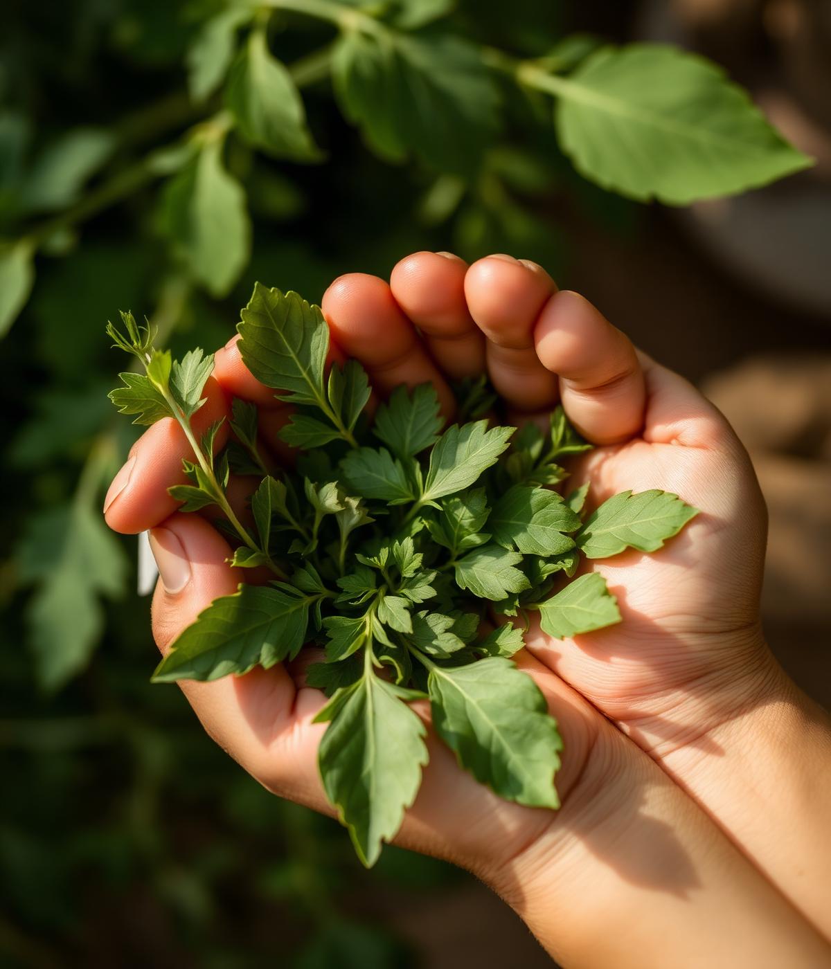 Hands cradling fresh green Ayurvedic herbs in natural sunlight